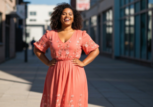 Młoda czarnoskóra pulchna kobieta w kolorowej sukience